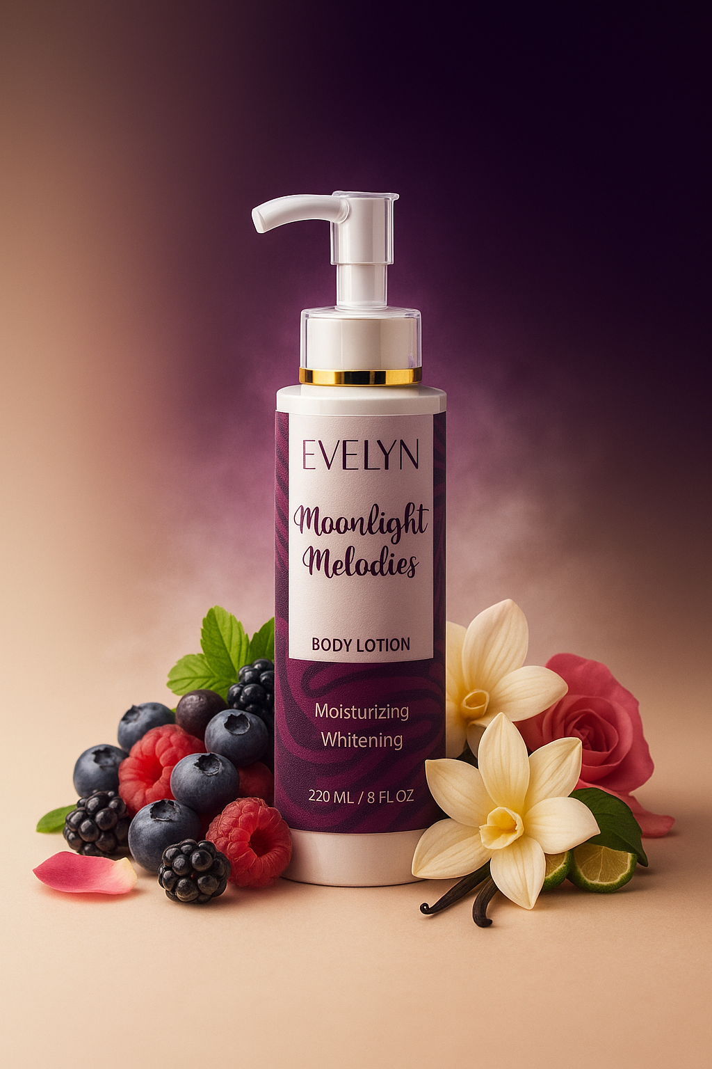 20250831_2255_Luxurious Purple Lotion Display_remix_01k40v221dec2v73wy289hf8kc MOON LIGHT MELODIES Body Lotion - Image 1